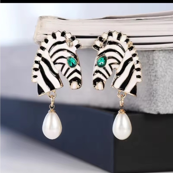 Zebra Drop Earrings with Pearl Accents